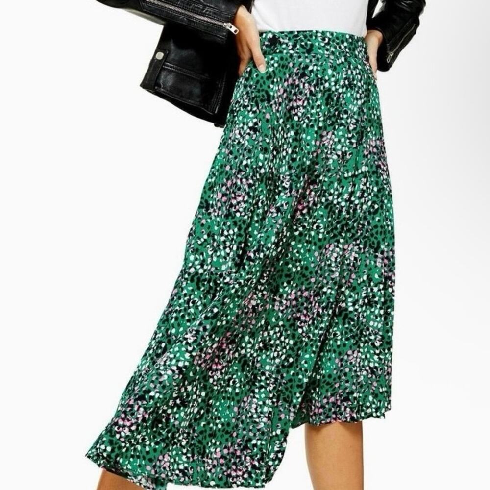 Topshop Green Painted Spot Pleated Midi Skirt Asymmetric High-Low 4